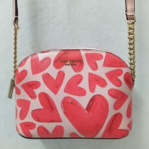 Kate Spade New York Pink Hearts Leather Zipper Closure Chain Strap Crossbody Bag